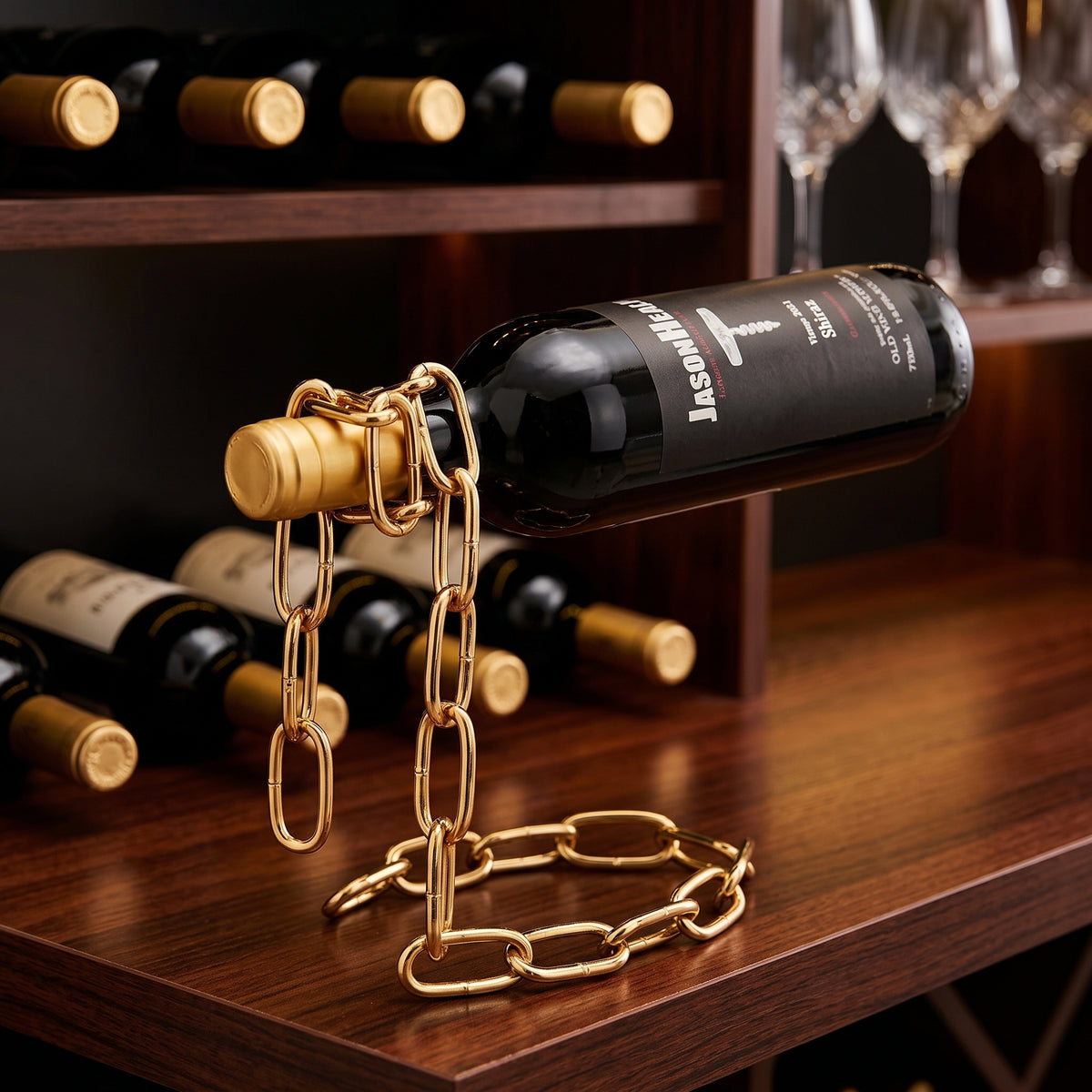 Porte-bouteille en chaîne or – Support à vin gravité magique