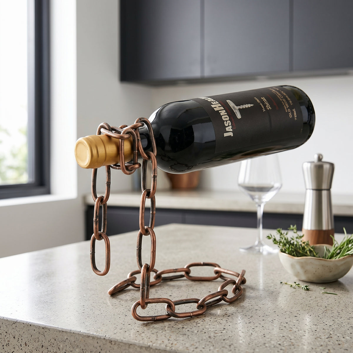 Porte-bouteille en chaîne cuivre – Support à vin gravité magique